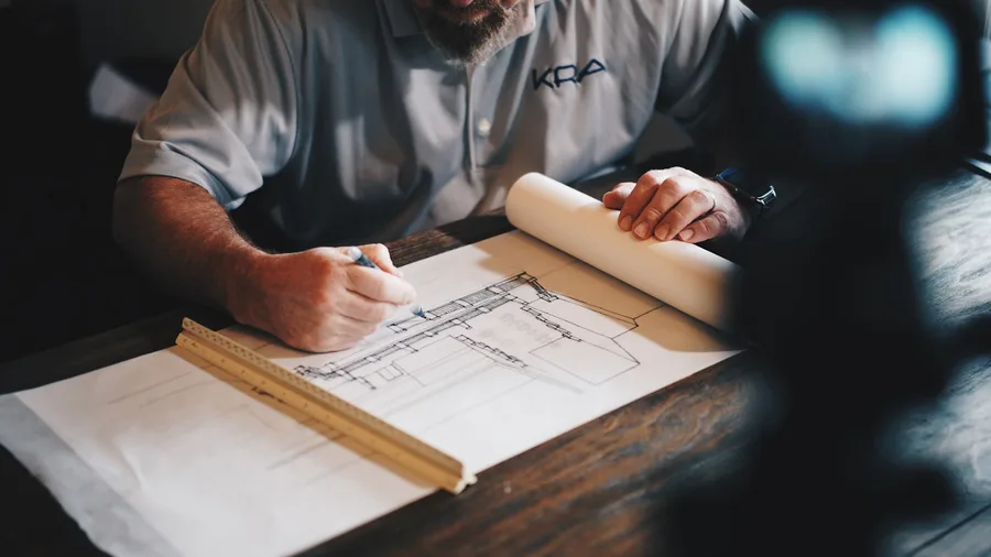 Engineer drafting a building floor plan by hand